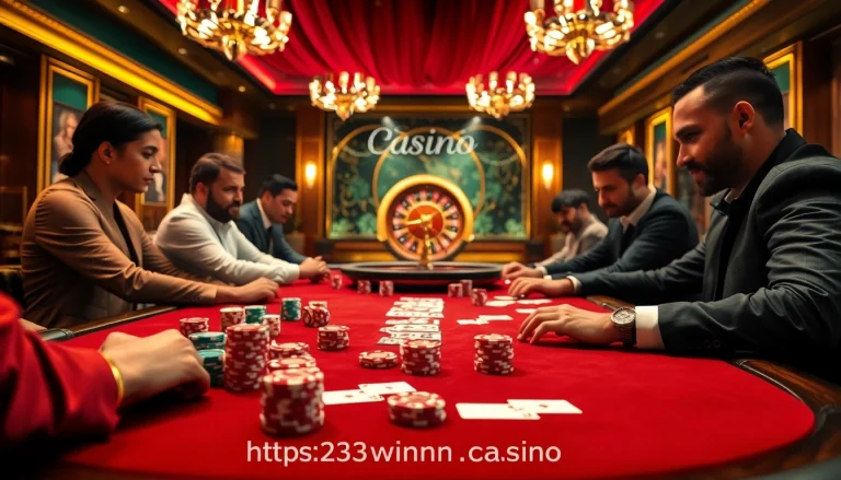 Players engaged in a thrilling poker game at a luxurious setting, inspired by https://23winn.casino/ experience.