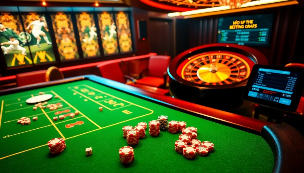 Betting excitement at a luxurious casino with Kèo Bóng Đá odds displayed on screens.