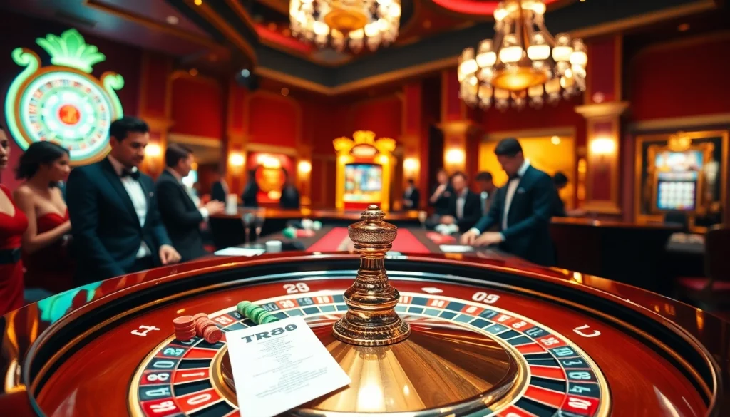 Players engaging in a thrilling roulette game, showcasing the vibrant TR88 casino atmosphere with colorful chips and cards.