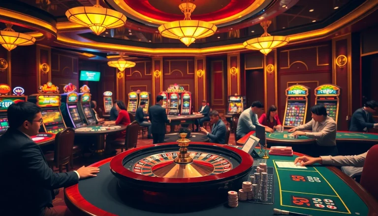 KJC links to exhilarating casino experiences with players at poker tables and active roulette wheel.