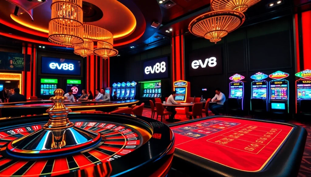 Gamblers enjoying a game at the ev88 casino with vibrant slot machines and a roulette wheel.