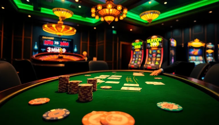 Players engage in a thrilling poker game at MM99, surrounded by vibrant casino elements and luxurious ambiance.