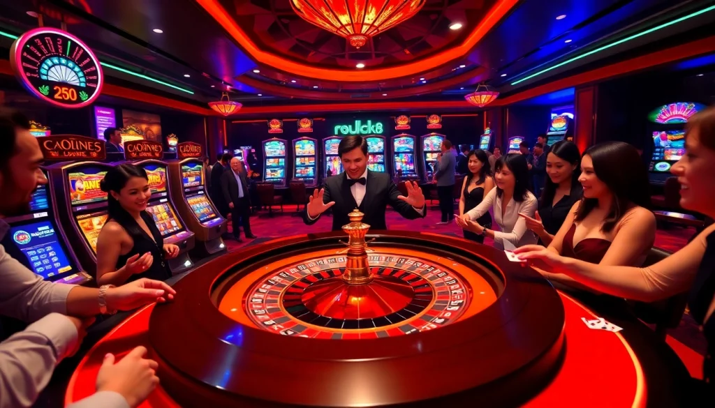 Players enjoying casino games at luck8, featuring roulette and vibrant slot machines.
