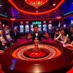 Players enjoying casino games at luck8, featuring roulette and vibrant slot machines.
