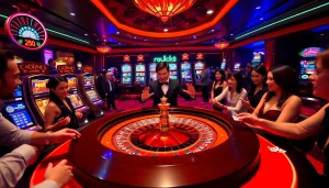 Players enjoying casino games at luck8, featuring roulette and vibrant slot machines.