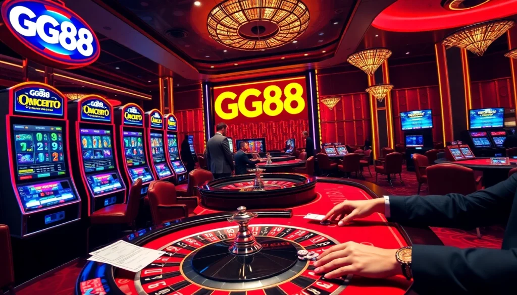 Experience exciting gambling moments at GG88 casino with vibrant slot machines and roulette wheels.