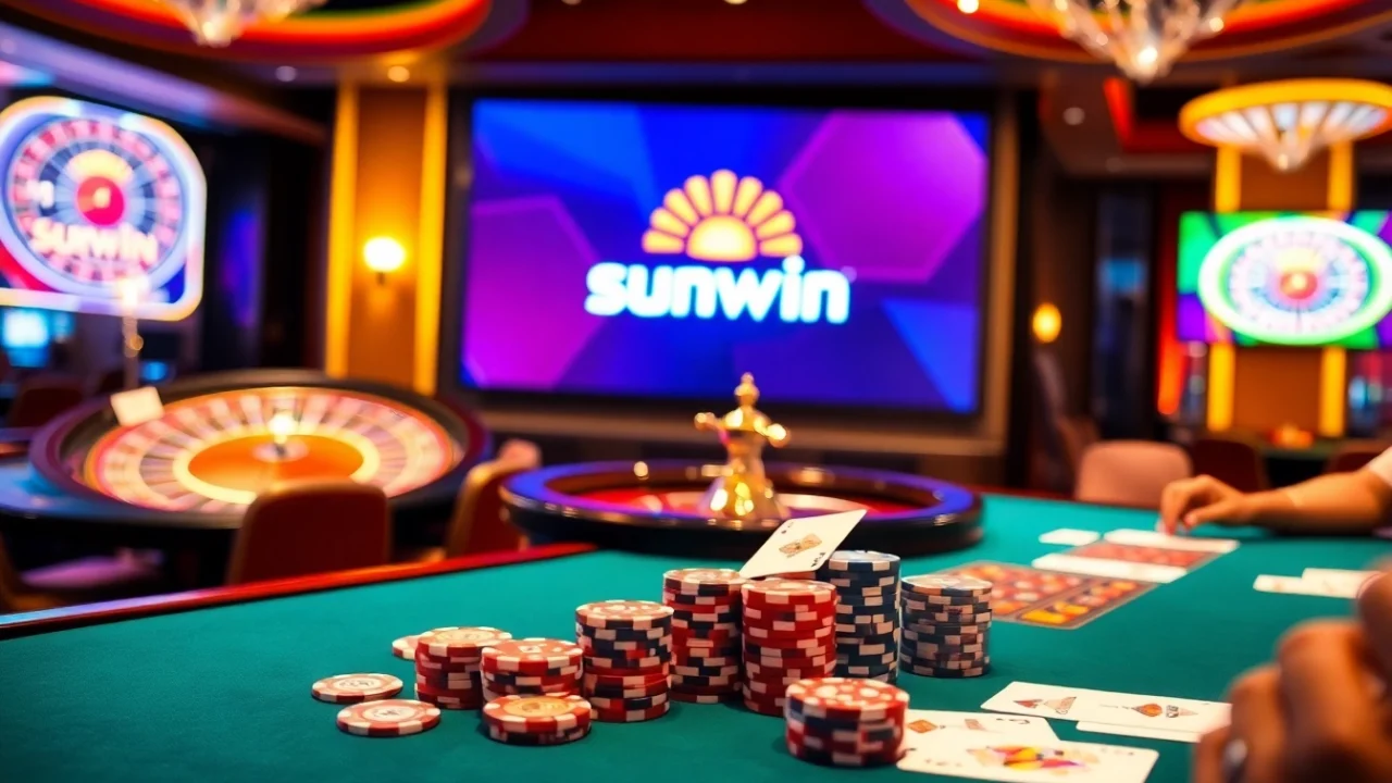 Excited players competing at a sunwin poker table in a luxurious casino environment.