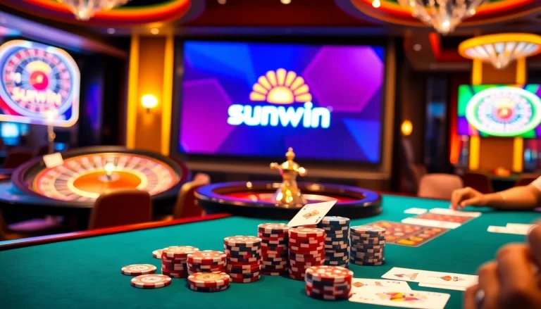 Excited players competing at a sunwin poker table in a luxurious casino environment.