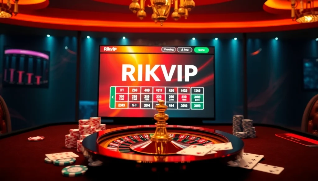 Engage in thrilling gaming at Rikvip with captivating casino table visuals and vibrant gambling elements.