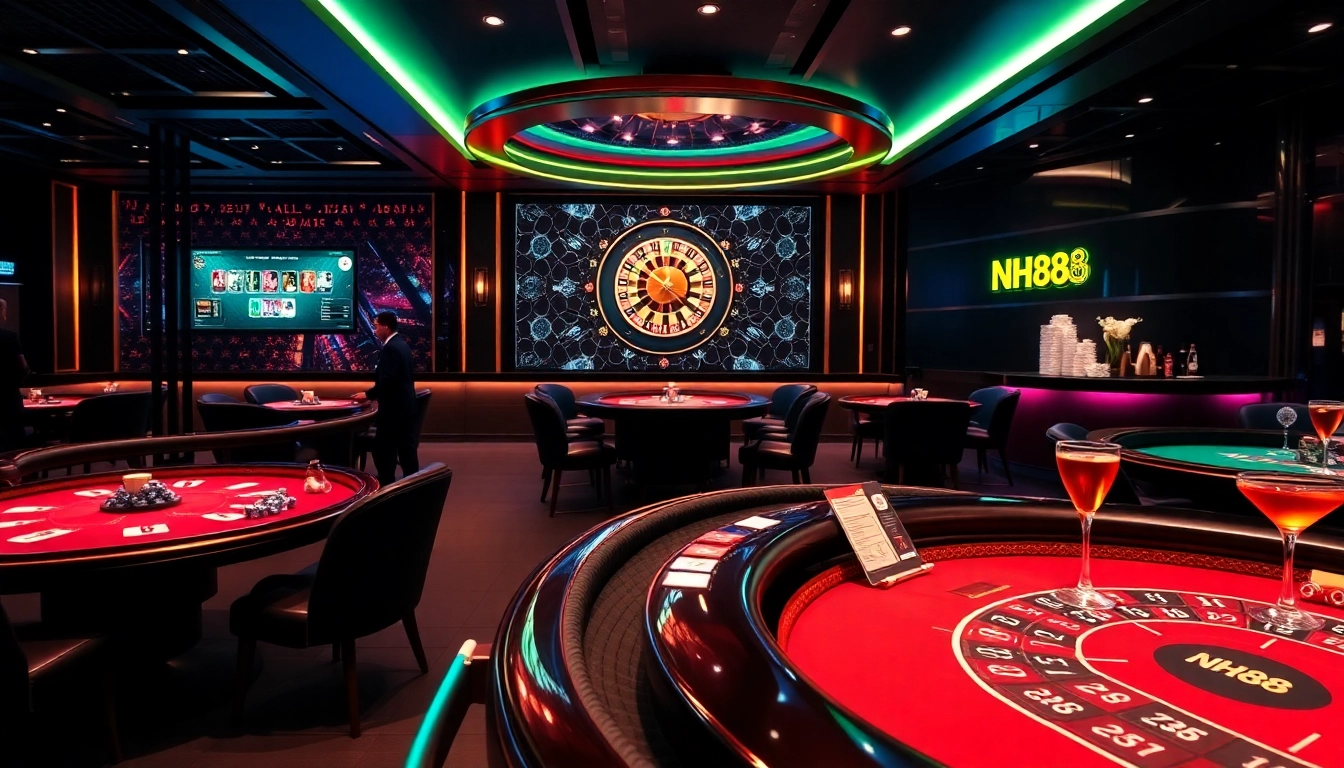 Experience thrilling gameplay at NH88 with poker tables, vibrant roulette wheels, and engaging players.