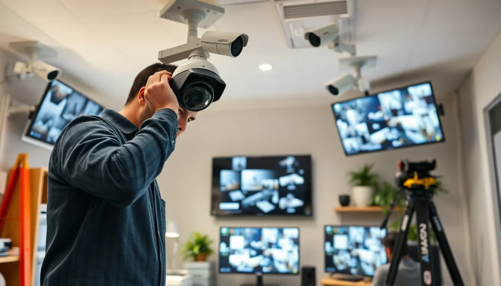 Soporte técnico en cámaras de seguridad con un técnico profesional instalando sistemas de CCTV avanzados.