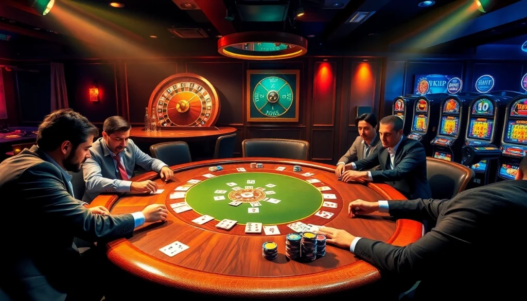 Experience the thrill at Rikvip with players engaging at a high-stakes poker game.