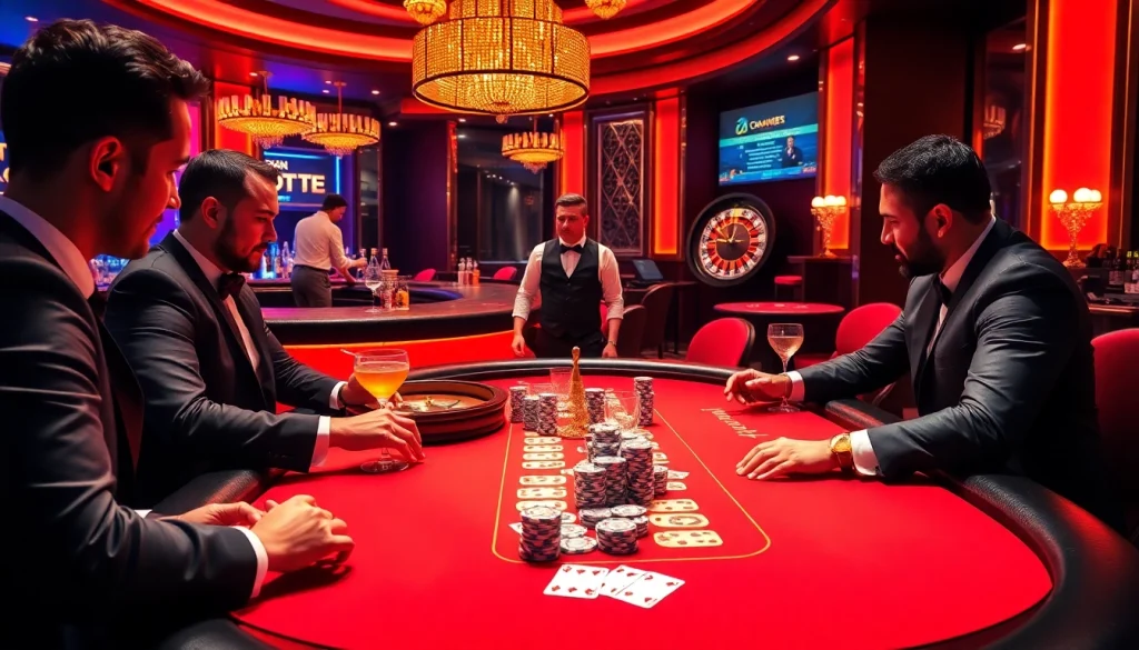 Players engage at a poker table in a luxurious S8 casino, highlighting chips and excitement.