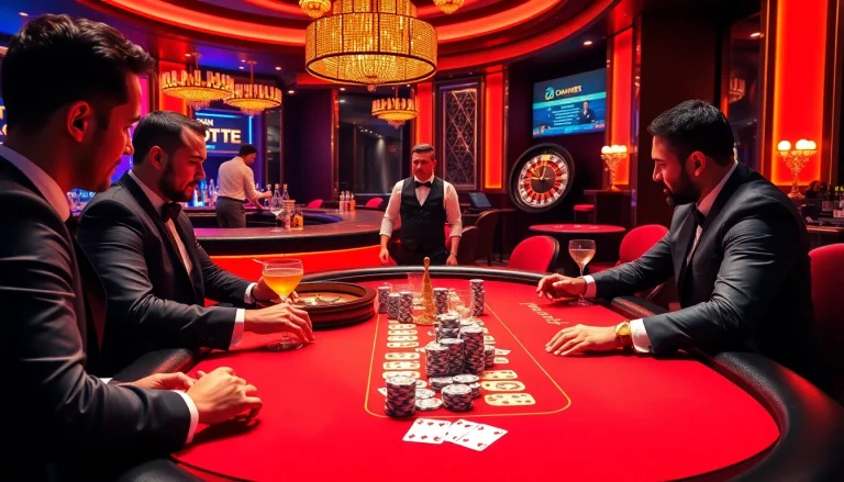Players engage at a poker table in a luxurious S8 casino, highlighting chips and excitement.
