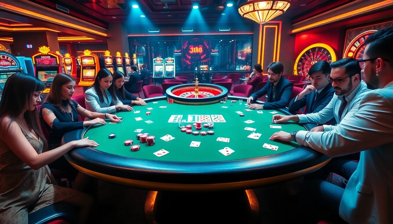 Engaging poker players at a luxurious BJ88-branded casino table.