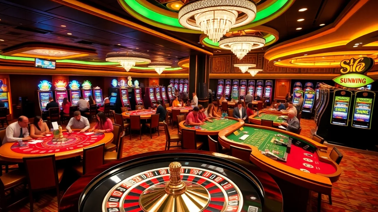 Players enjoying exciting games at SUNWIN Casino with vibrant tables and roulette wheels.