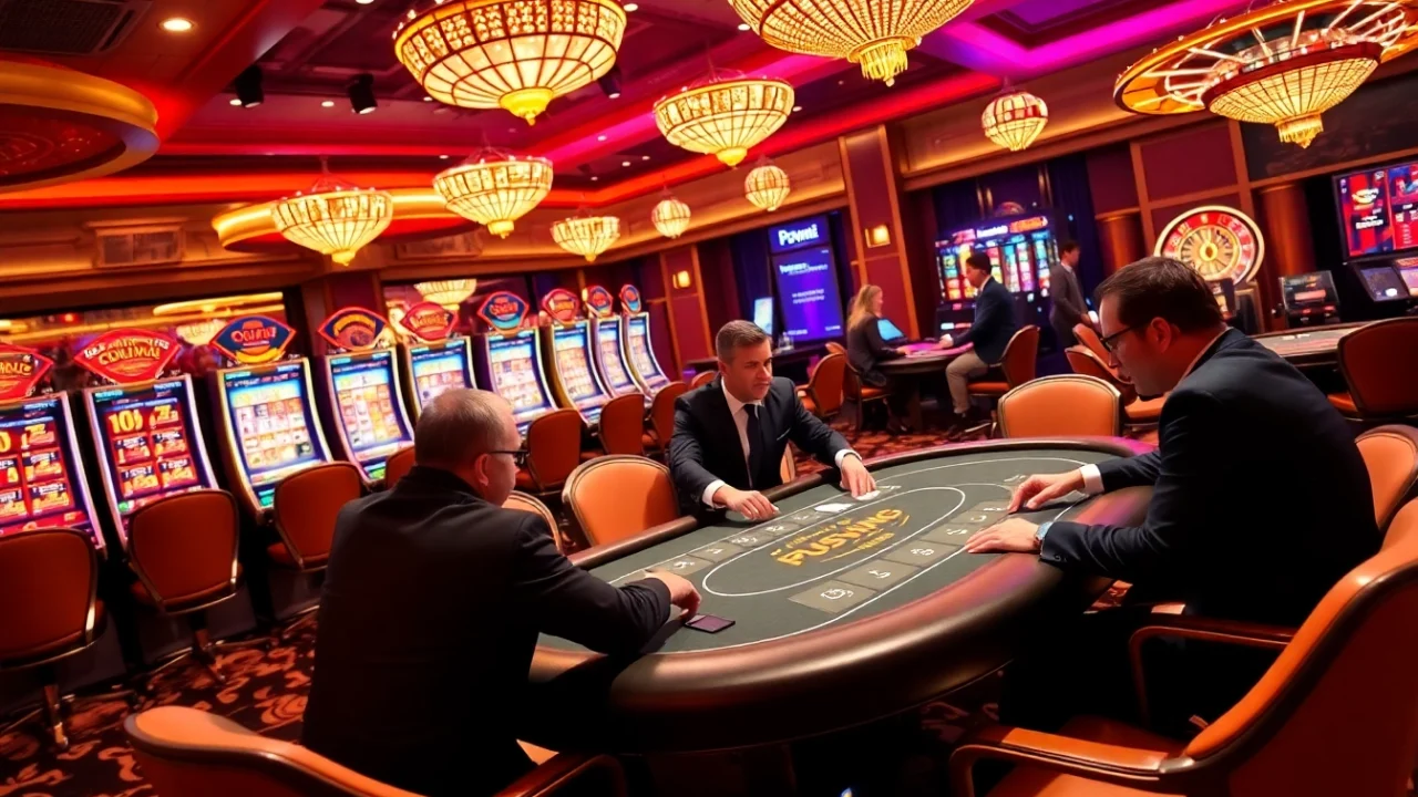 Players experience excitement at a poker table in a luxurious casino highlighting 99win.