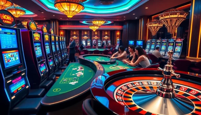 Nohu slot game excitement with vibrant machines, poker chips, and strategic gameplay.