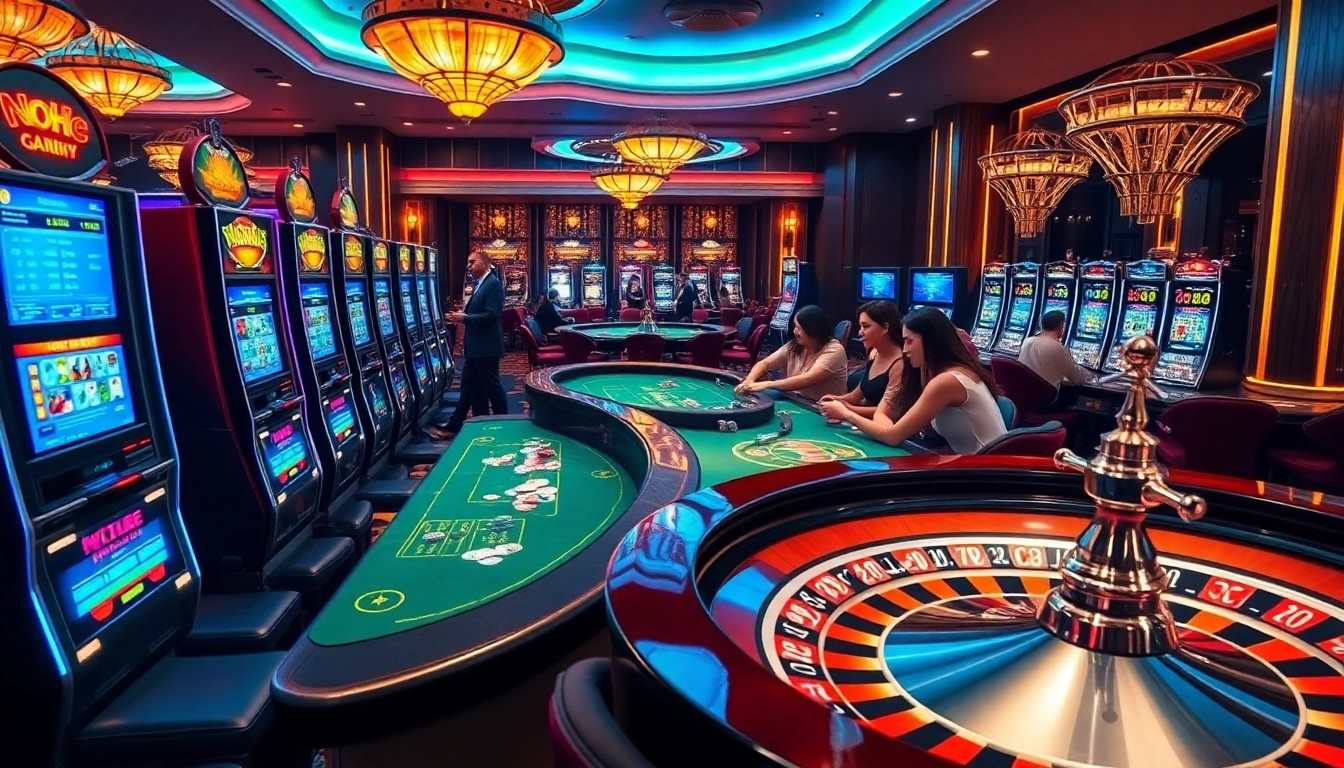 Nohu slot game excitement with vibrant machines, poker chips, and strategic gameplay.