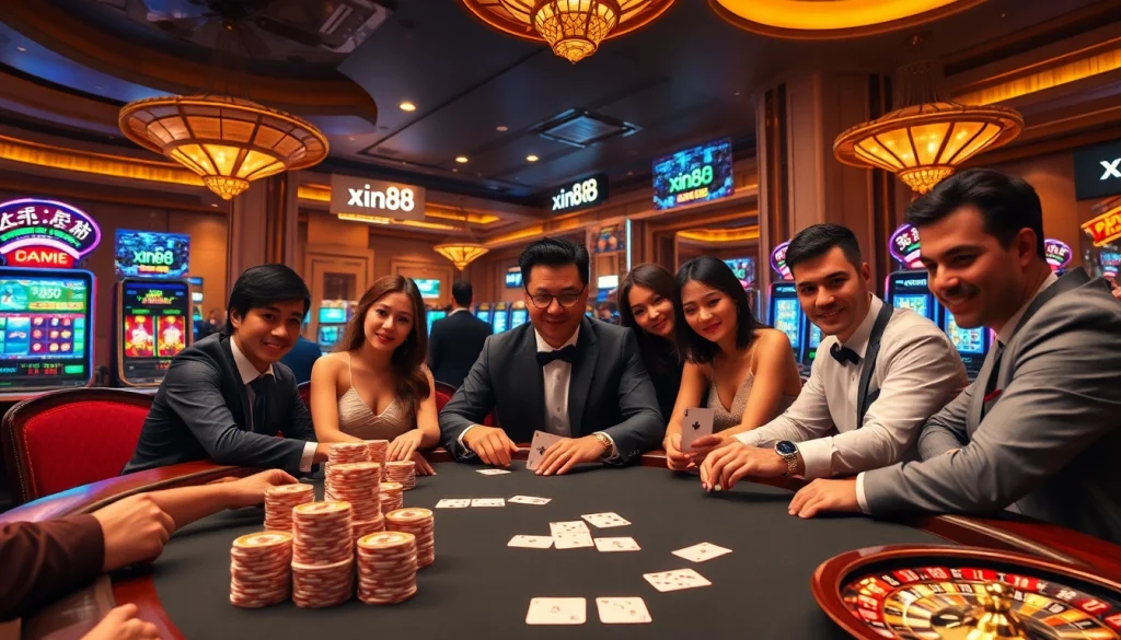 XIN88 players enjoying a vibrant casino atmosphere with poker, roulette, and slot games.