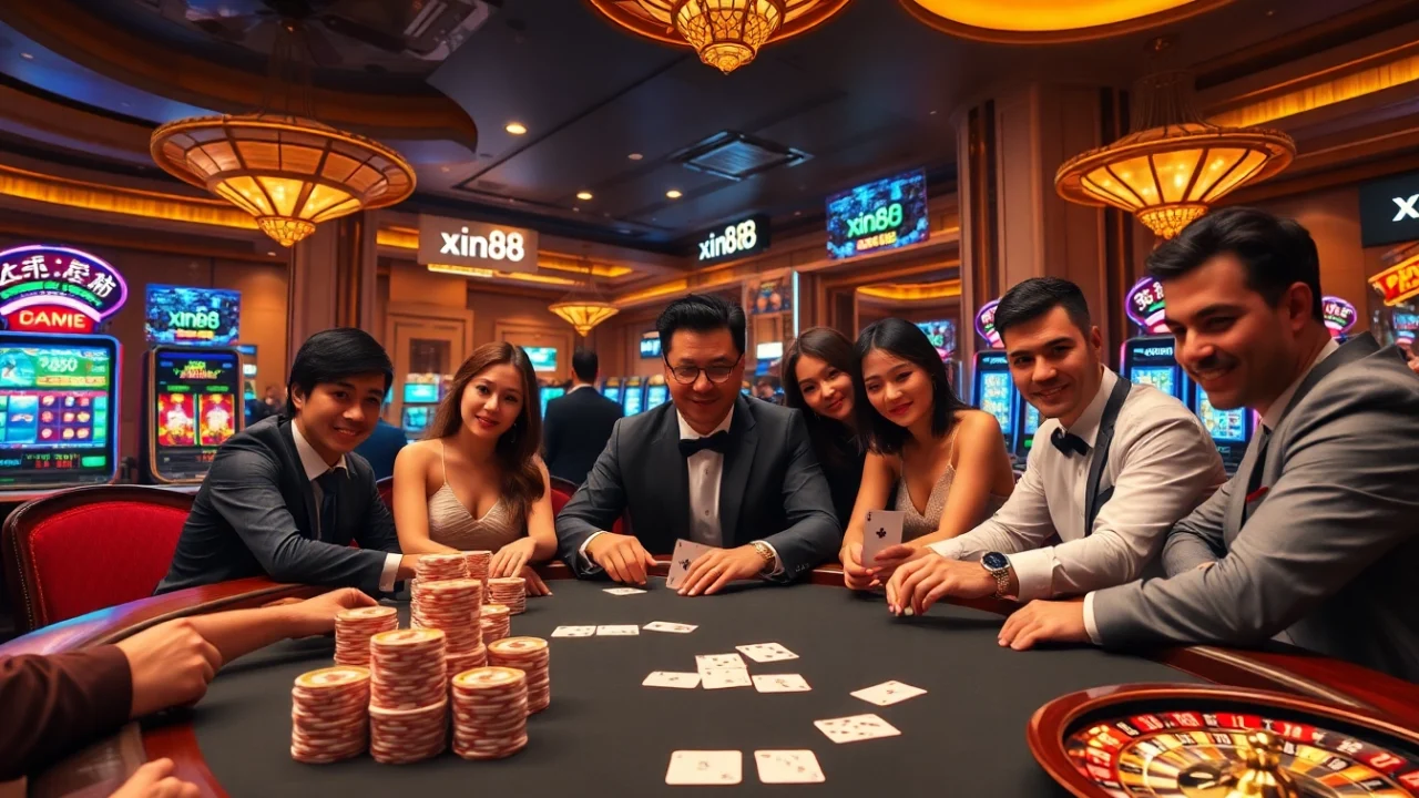XIN88 players enjoying a vibrant casino atmosphere with poker, roulette, and slot games.