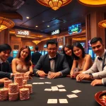 XIN88 players enjoying a vibrant casino atmosphere with poker, roulette, and slot games.