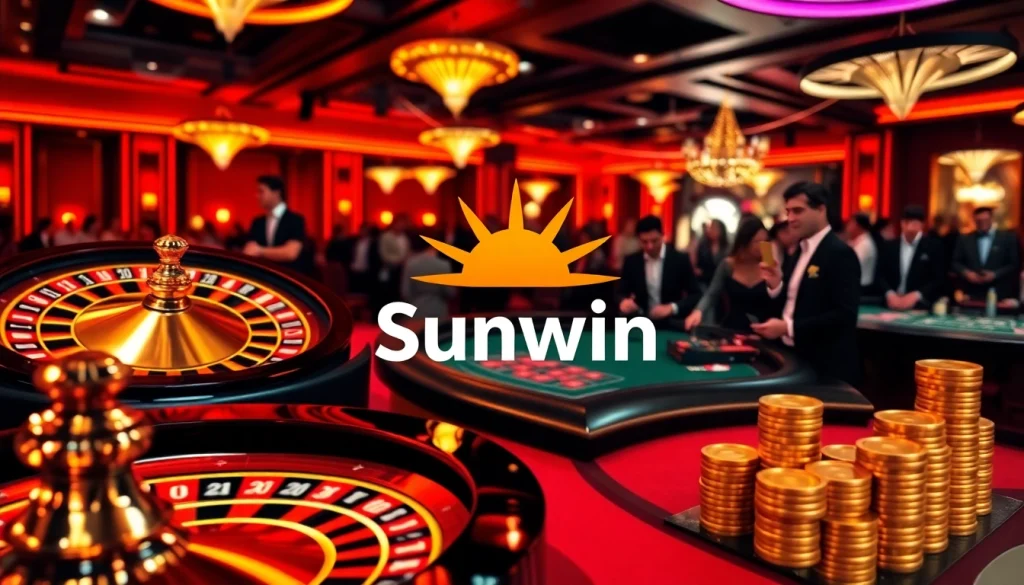 Sunwin gaming scene featuring a vibrant atmosphere with roulette wheel and excited players.