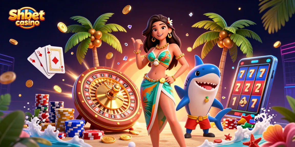 Experience gaming excitement at Shbet casino with a glamorous beach goddess, sparkling gems, and vibrant game elements.