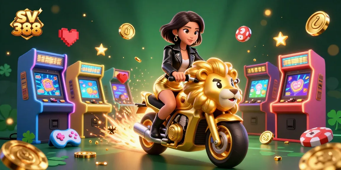 Engage with sv 388's thrilling casino experience featuring a glamorous woman on a golden lion mascot.