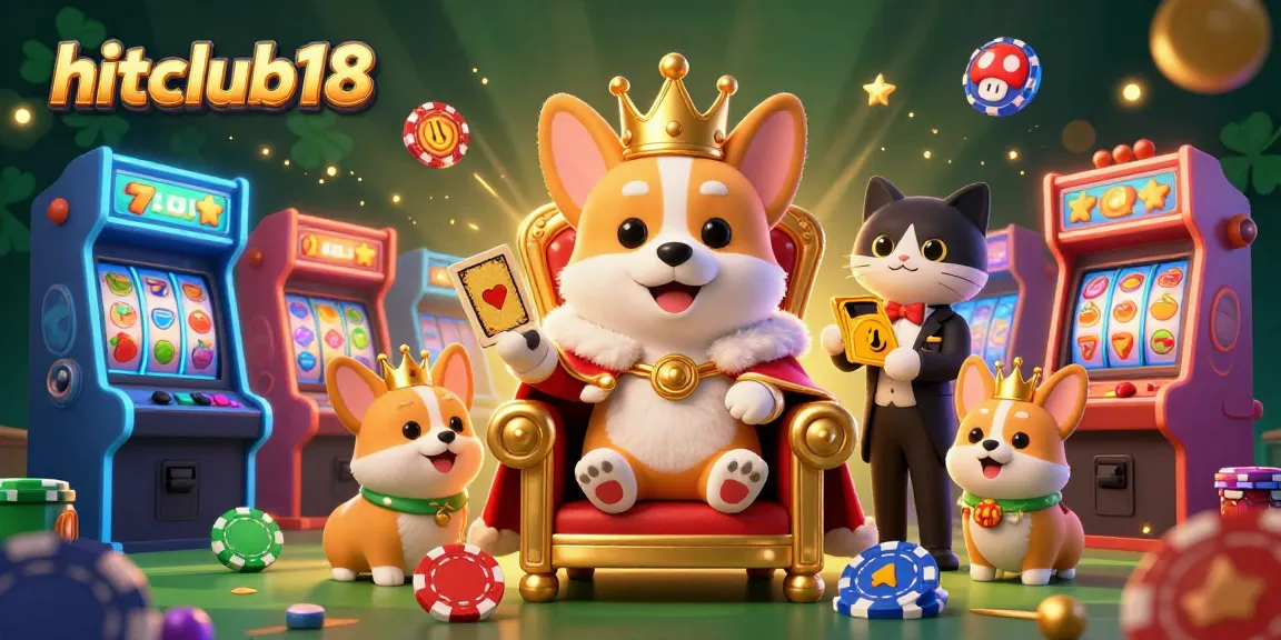 Experience thrilling gameplay at hitclub18 with vibrant 3D illustration showcasing royal corgi in casino scene.