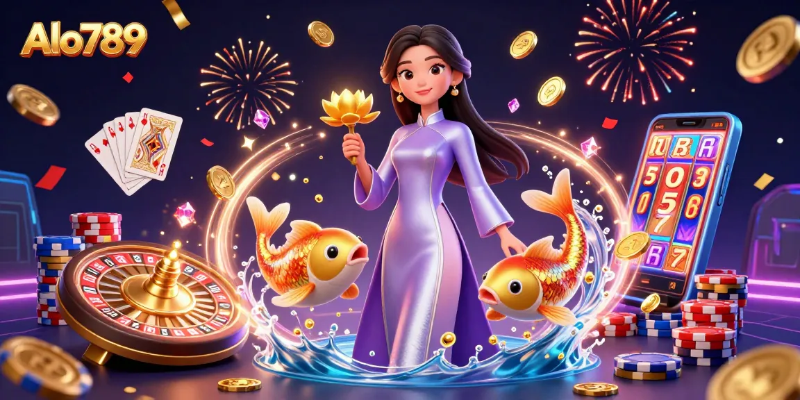 Alo789 features vibrant digital 3D illustration showcasing an Asian woman in ao dai amidst golden coins and casino elements.