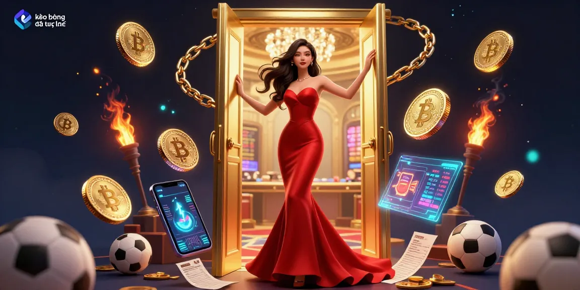 Engage with kèo bóng đá trực tuyến in a vibrant 3D scene featuring a beautiful woman in a VIP casino doorway.