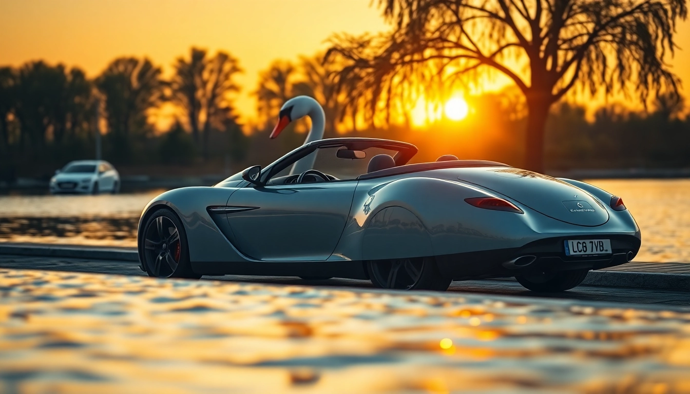Showcasing a stunning Swan Car by a waterfront at sunset, highlighting its sleek design.