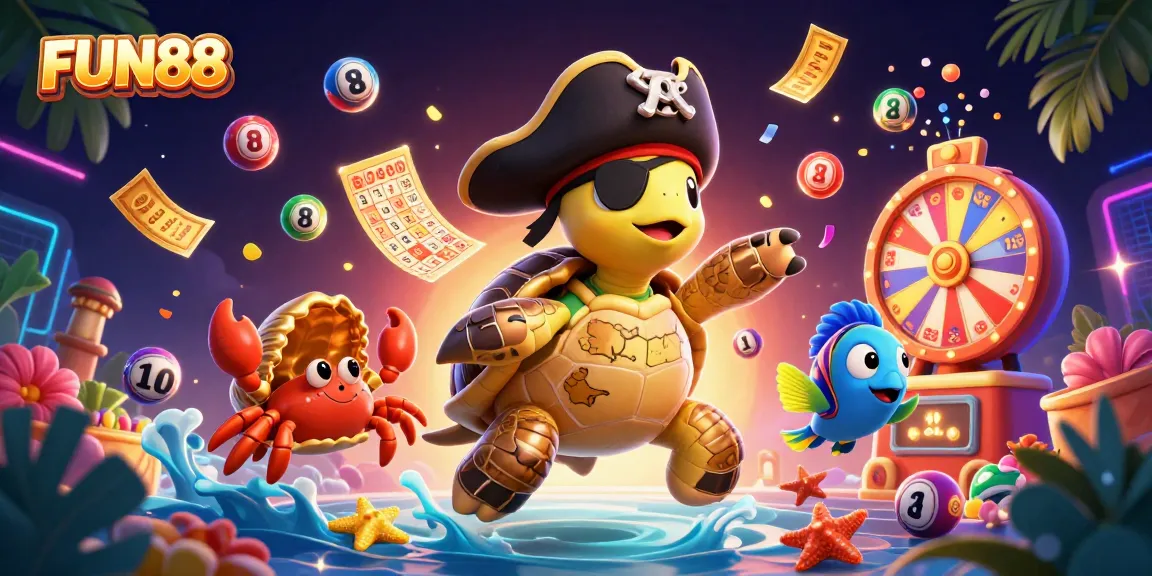 Experience the excitement of FUN88 with dynamic lottery elements, vibrant colors, and engaging characters.
