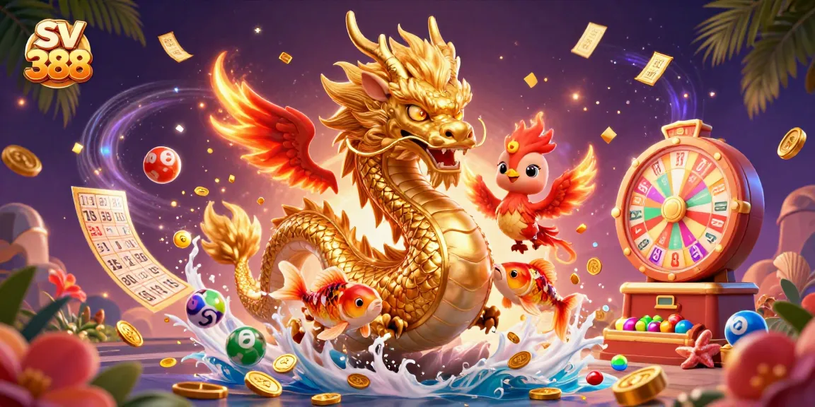 Experience excitement with sv 388 as the dragon, phoenix, and koi fish soar amidst colorful gambling elements.