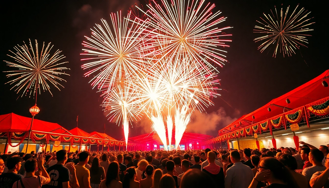 Catch the excitement of wholesale fireworks lighting up the night sky at a lively outdoor festival.