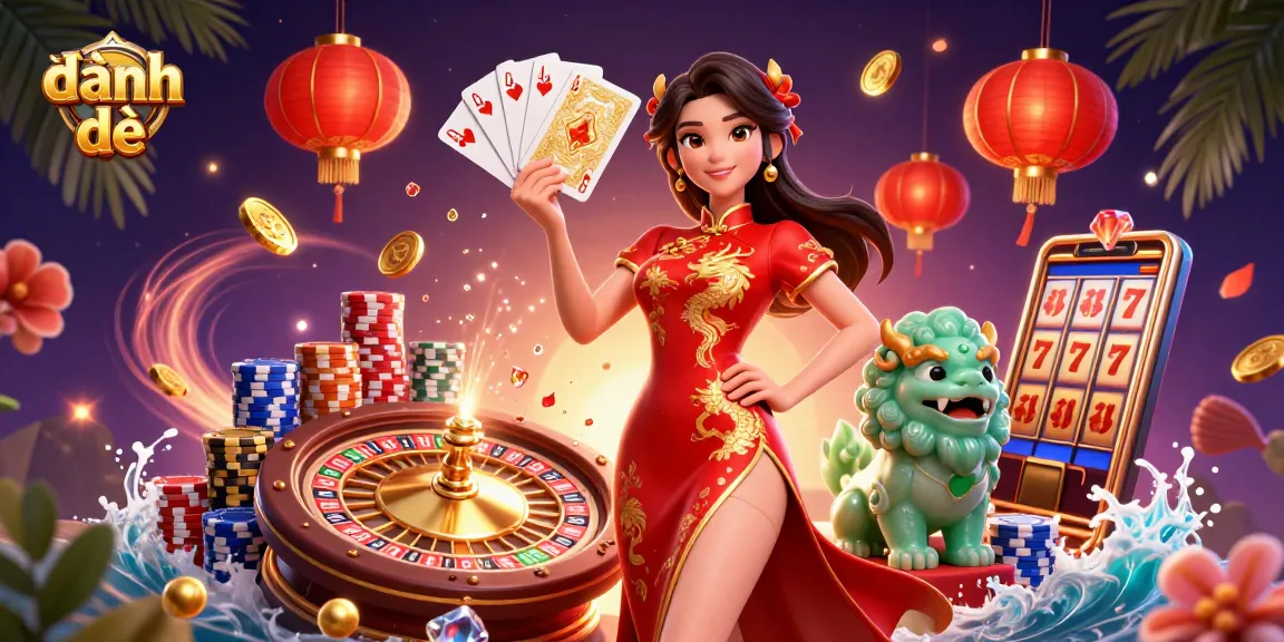 Experience exhilarating đánh đề with vibrant casino elements including dynamic coins and jade lion in a captivating scene.