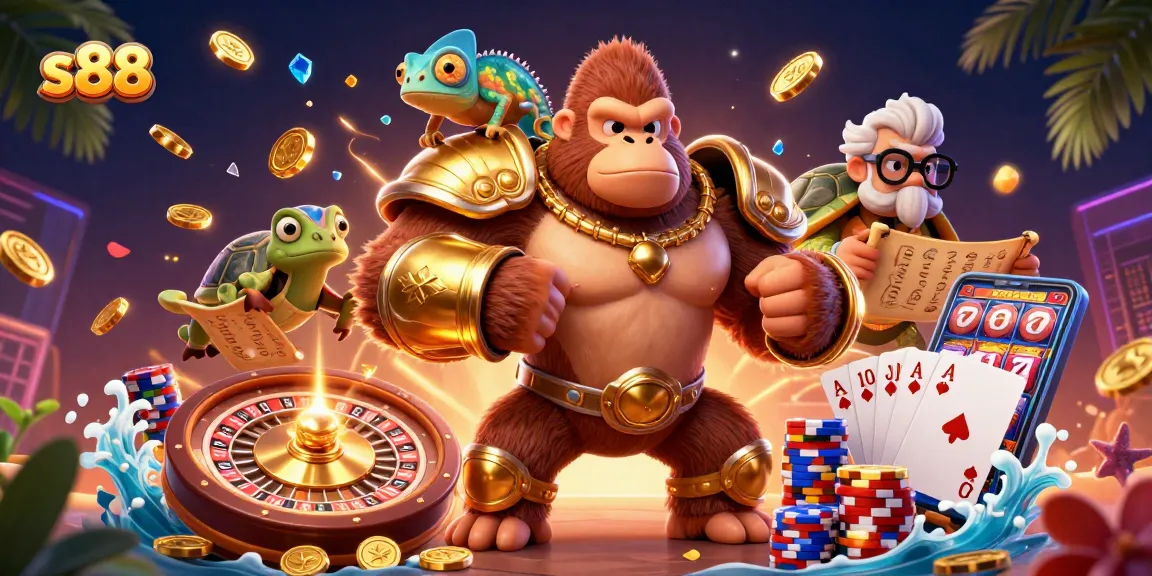 Experience excitement at s88 with a vibrant casino scene showcasing colorful gaming elements and animated characters.
