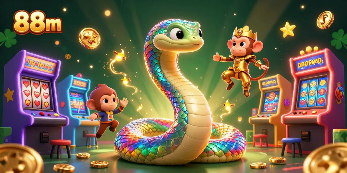 Experience the thrill of 88m with the vibrant rainbow serpent coiled around golden pillars amidst exciting slot games and magical lights.