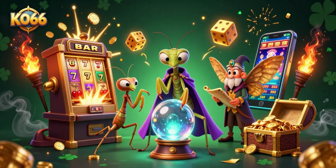 Win exciting rewards at KO66 Casino with a vibrant 3D illustration of games and fortune tellers.