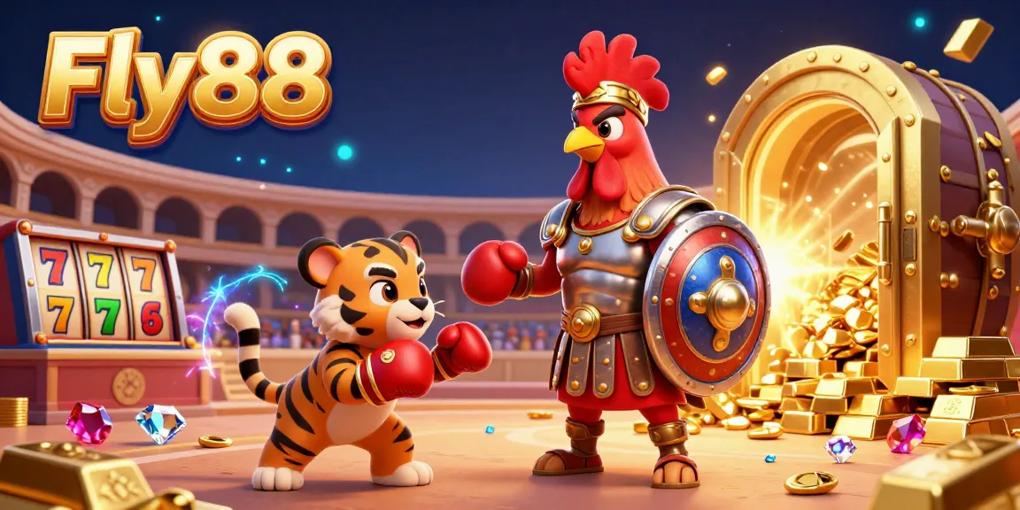 Engage with Fly88's dynamic casino experience featuring a gladiator rooster, tiger cub, and vibrant sports elements.