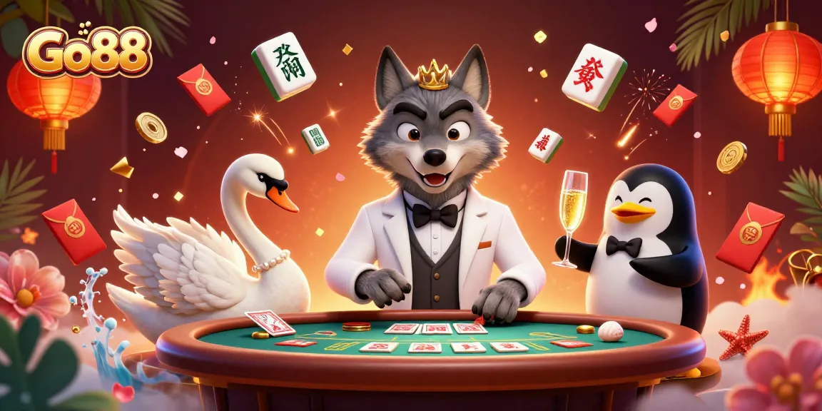 Go88 offers thrilling gambling adventures with a glamorous scene of a wolf, swan, and penguin at a baccarat table.