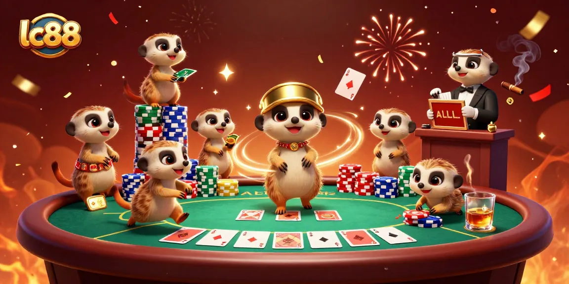 Experience thrilling gameplay at lc88 with meerkats managing a lively casino, featuring poker cards and vibrant chips.