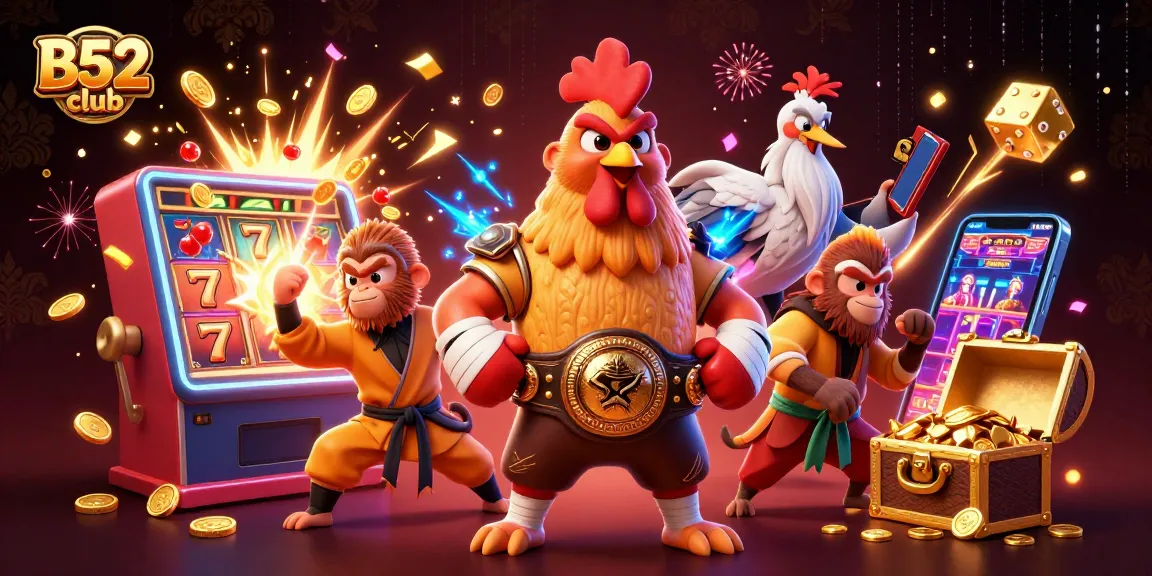 Engage in thrilling slots and games at B52 club, featuring a dynamic casino illustration.