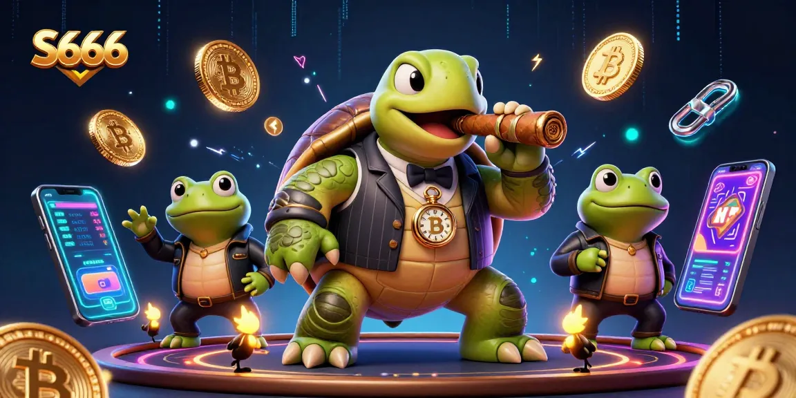 Engage with S666's vibrant casino scene featuring a snapping turtle and frog enforcers with neon elements.