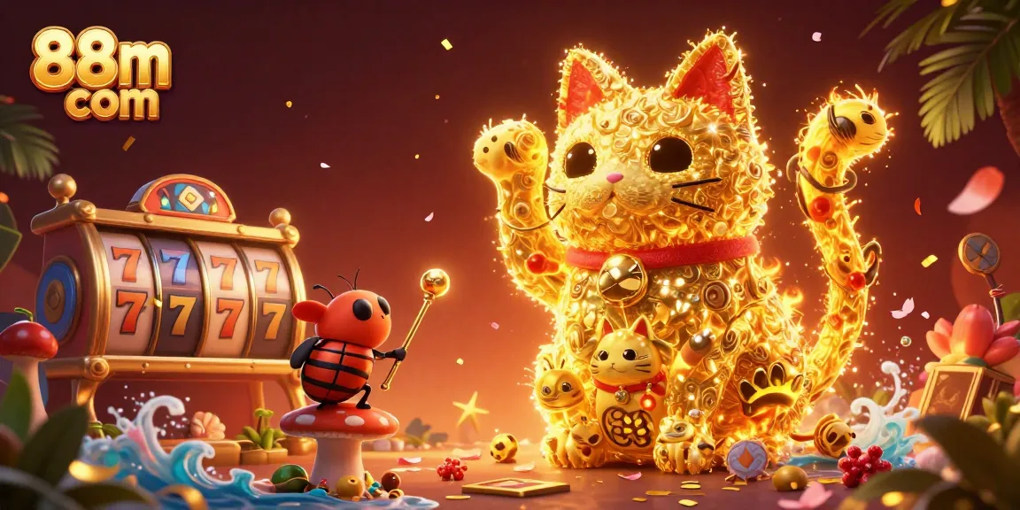 Win big with 88m com: A vibrant 3D scene featuring a lucky cat amidst casino symbols showcasing excitement.
