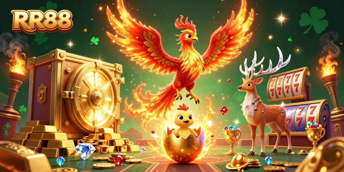 Experience the excitement of RR88 with vibrant casino elements like slots and gems.