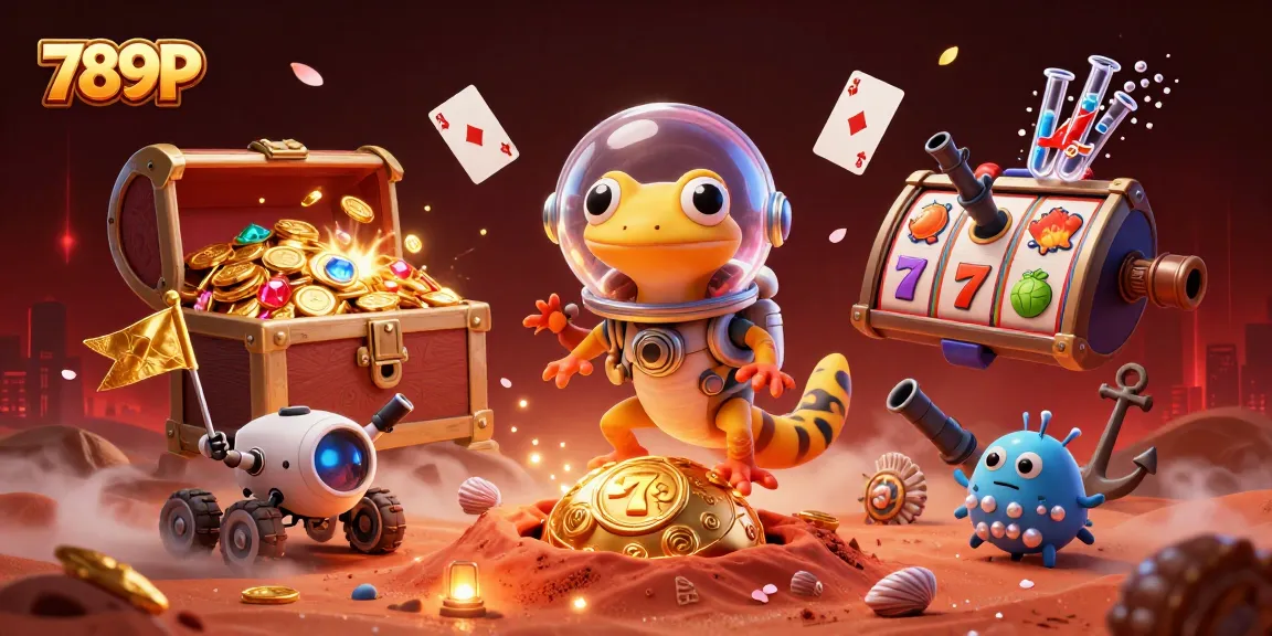 Experience the vibrant 789P gaming scene with Martian gecko discovering a golden casino.