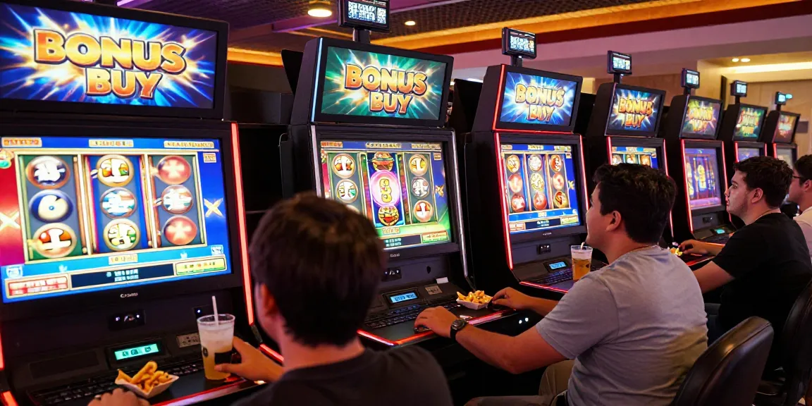 Exciting Bonus Buy slots gaming experience at crownnorthill.co.uk, showcasing diverse players enjoying colorful slot games in a vibrant casino atmosphere.