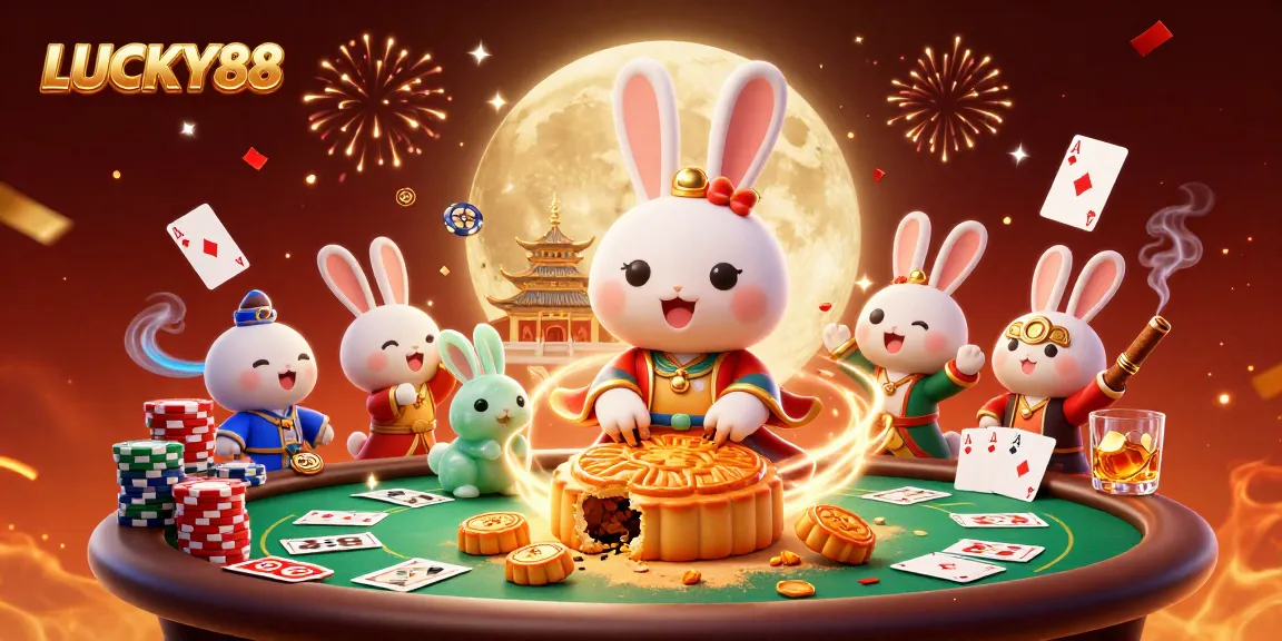 LUCKY88 celebrates with a moon rabbit, poker chips, and festive casino elements